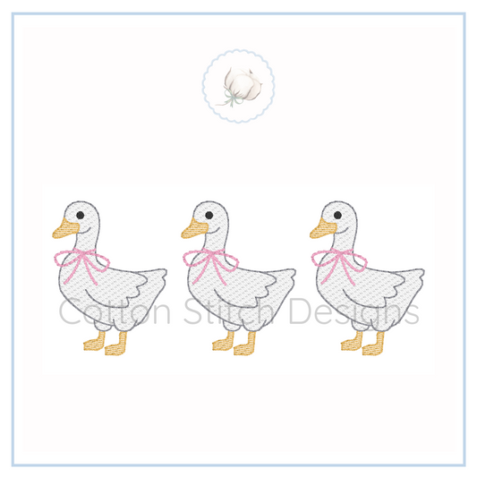 Machine Embroidery design Cotton Stitch Designs Three ducks with pink bows on a white background