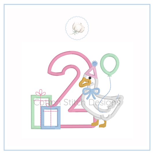 Machine Embroidery design Cotton Stitch Designs Embroidery design of a goose with the number 2 and birthday elements on a white background.