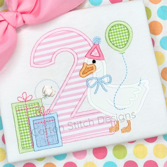 Machine Embroidery design Cotton Stitch Designs Embroidered design with number '2', duck, balloons, and presents on a colorful polka dot background.