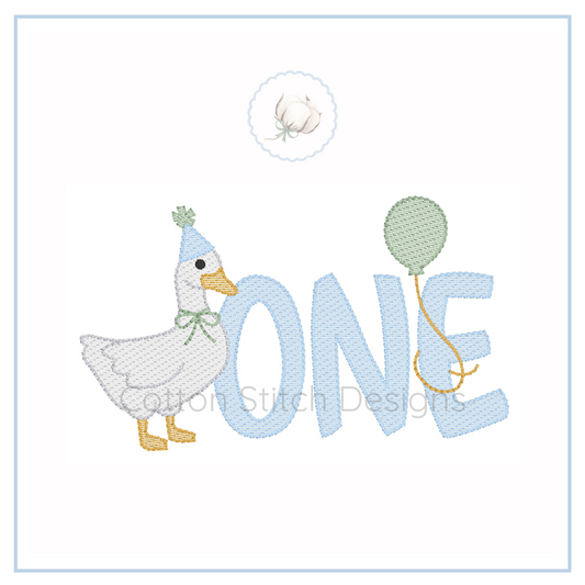 Machine Embroidery design Cotton Stitch Designs Embroidery design of a duckling with a balloon and the word 'ONE' on a white background.