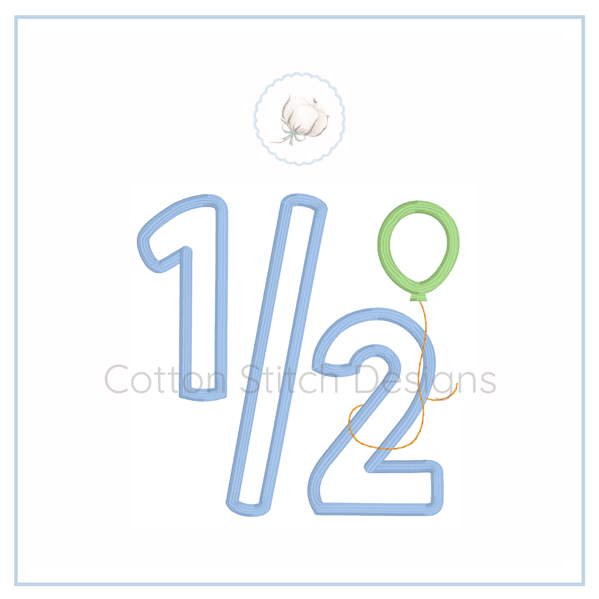 Machine Embroidery design Cotton Stitch Designs Embroidery design of the number '1/2' with a green balloon.