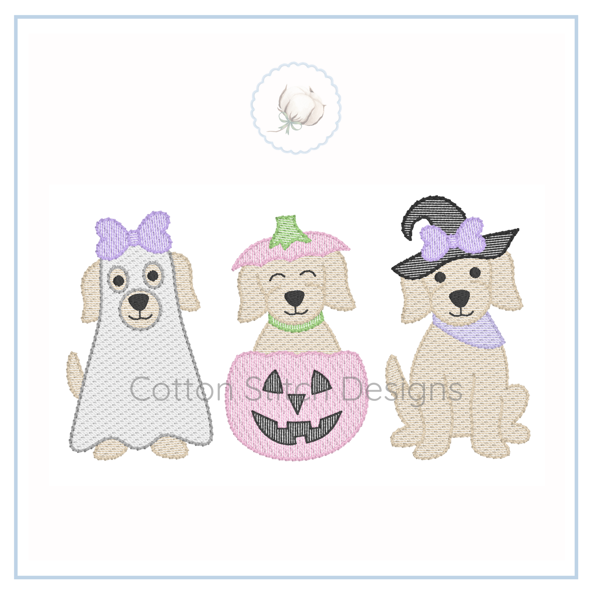 Machine Embroidery design Cotton Stitch Designs Three embroidered dogs in Halloween costumes on a white background with 'Cotton Star Designs' branding.