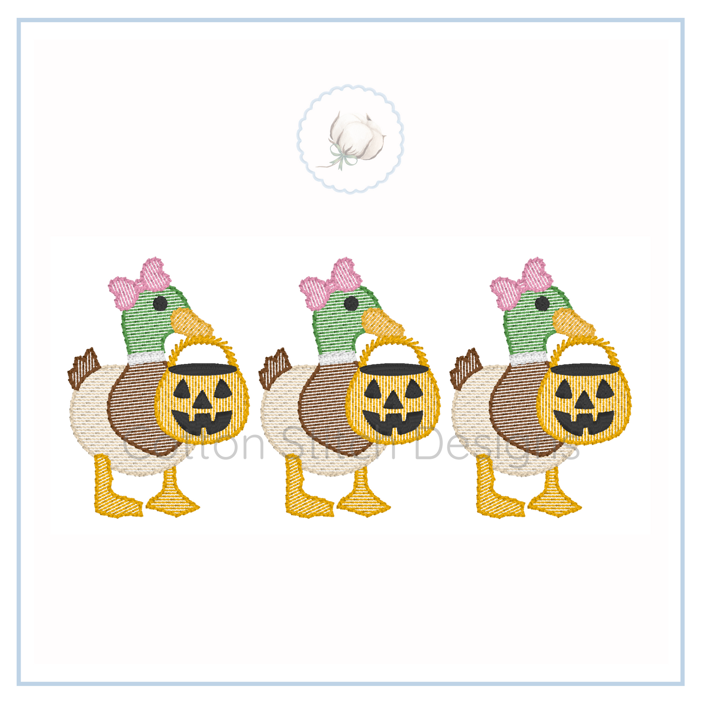Machine Embroidery design Cotton Stitch Designs Three embroidered ducks with pumpkin faces and baskets on a white background