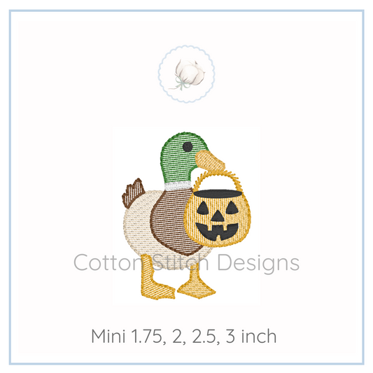 Machine Embroidery design Cotton Stitch Designs Embroidery design of a duck holding a pumpkin with 'Cotton Stitch Designs' branding.