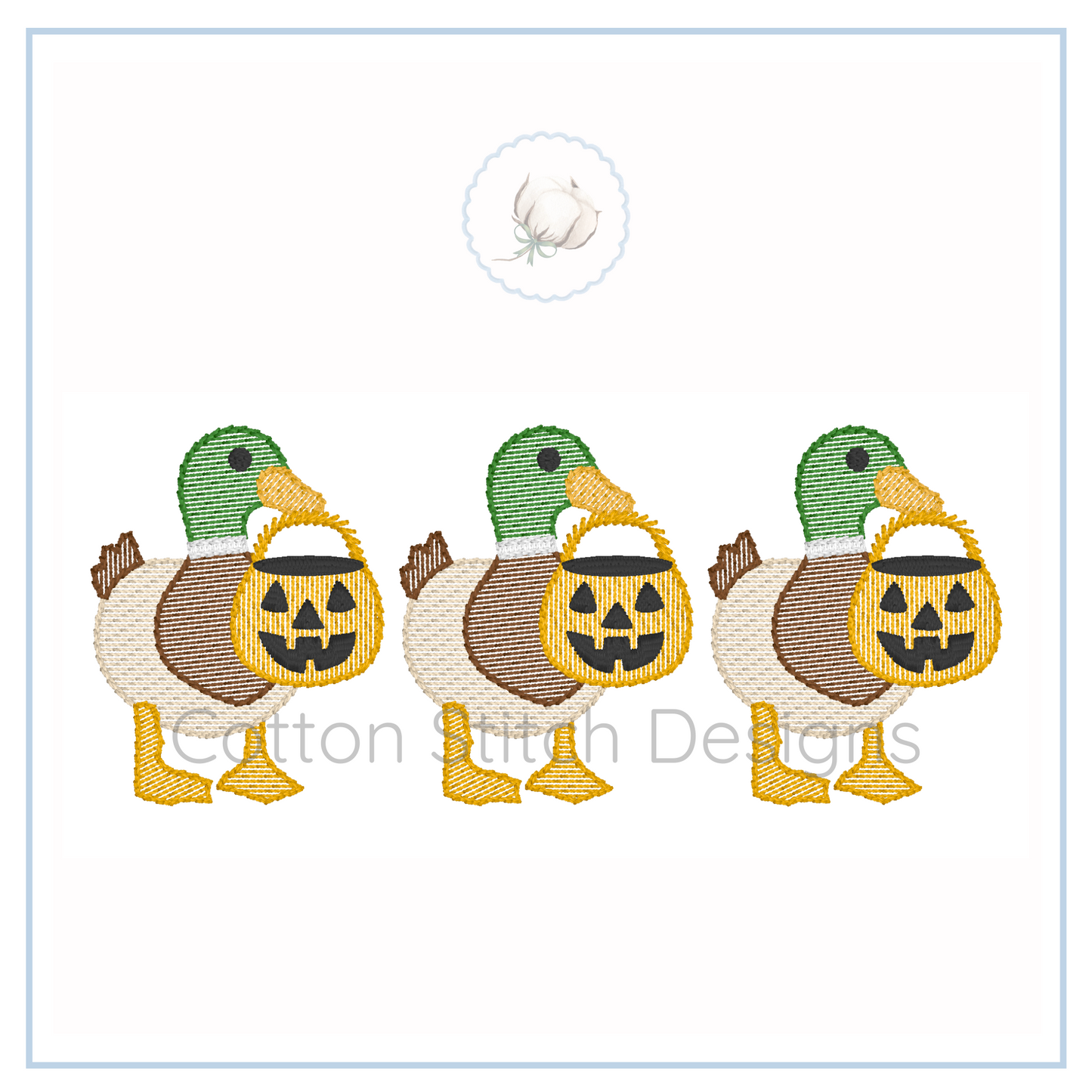 Machine Embroidery design Cotton Stitch Designs Three embroidered ducks with pumpkin baskets on a white card with 'Cotton Stitch Designs' branding.