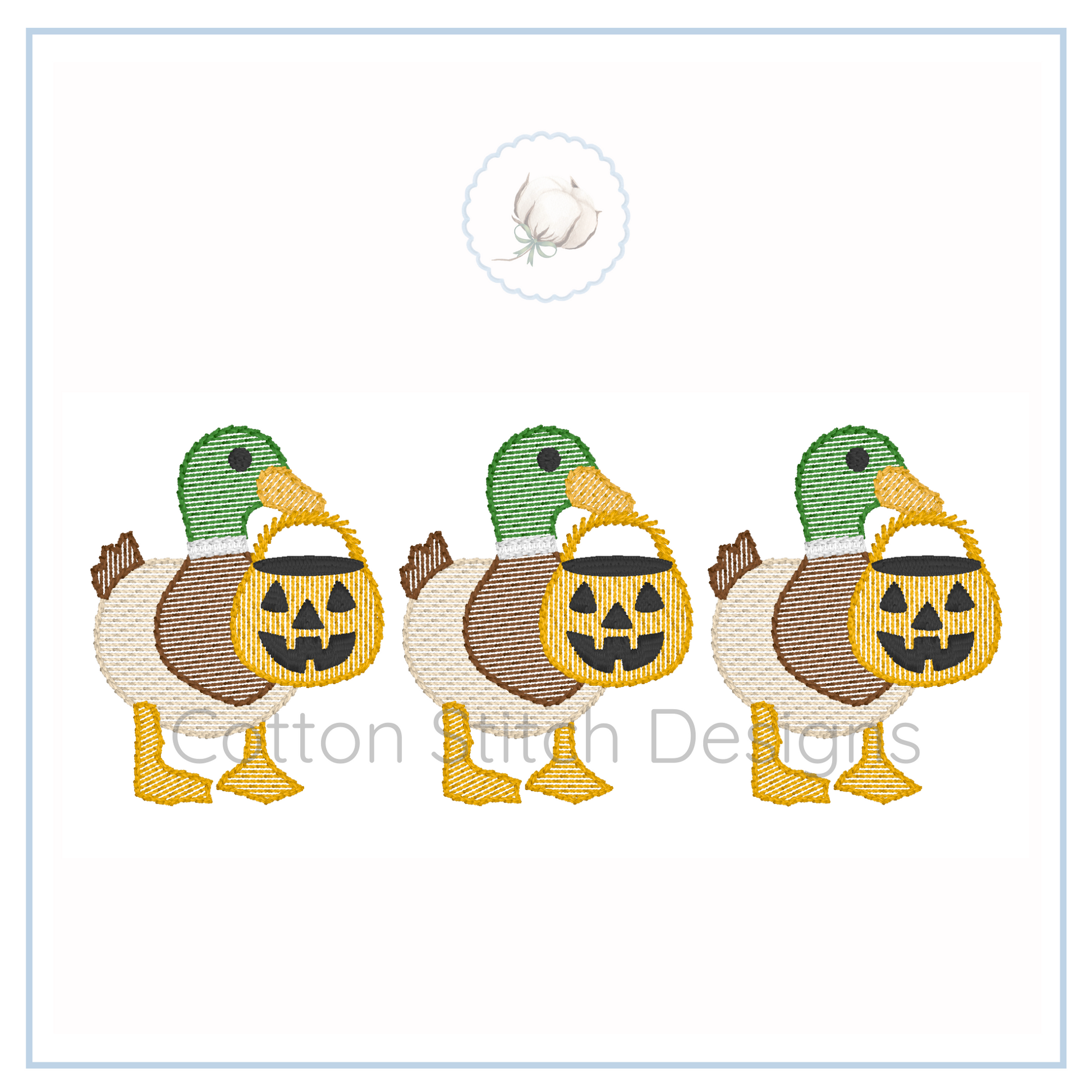 Machine Embroidery design Cotton Stitch Designs Three embroidered ducks with pumpkin baskets on a white card with 'Cotton Stitch Designs' branding.