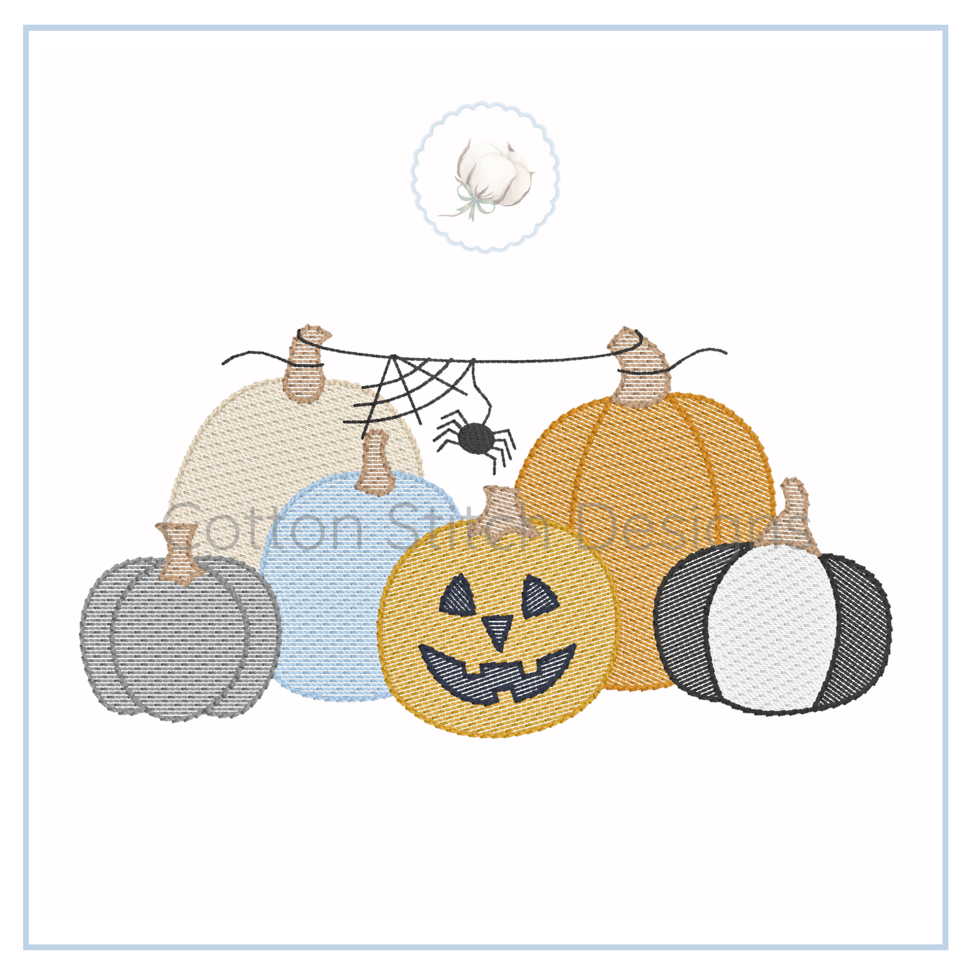 Machine Embroidery design Cotton Stitch Designs Embroidered design of pumpkins with a spider web and spider on a white background