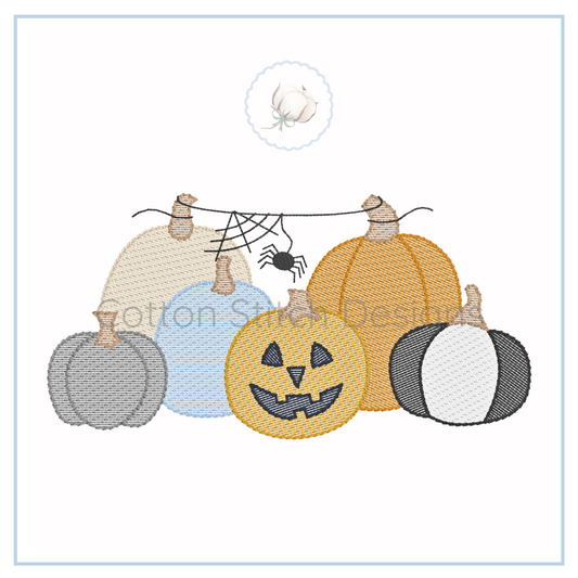 Machine Embroidery design Cotton Stitch Designs Embroidered design of pumpkins with a spider web and spider on a white background