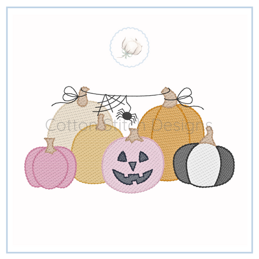 Machine Embroidery design Cotton Stitch Designs Embroidered design of colorful pumpkins with a spider on a white background
