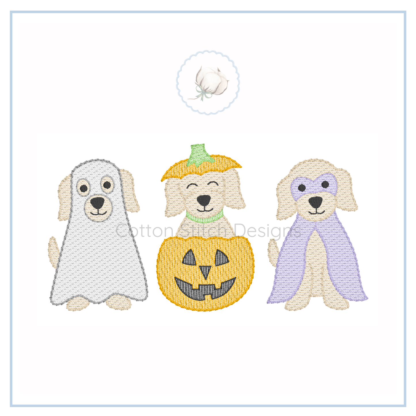 Machine Embroidery design Cotton Stitch Designs Three dogs dressed in Halloween costumes on a white background