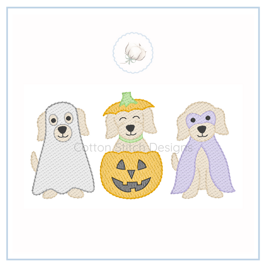 Machine Embroidery design Cotton Stitch Designs Three dogs dressed in Halloween costumes on a white background