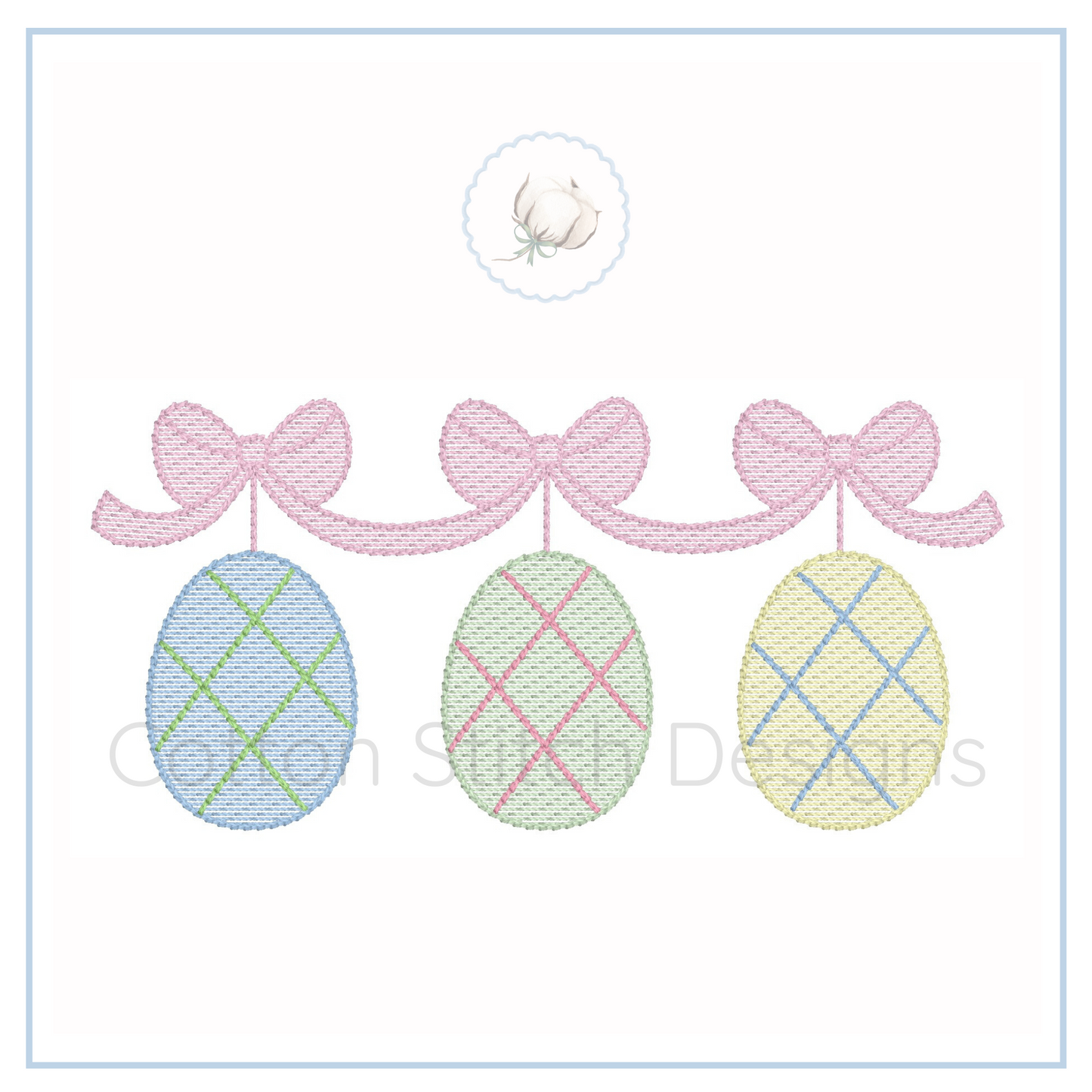 Machine Embroidery design Cotton Stitch Designs Embroidered design of three plaid Easter eggs with pink bows on a white background.