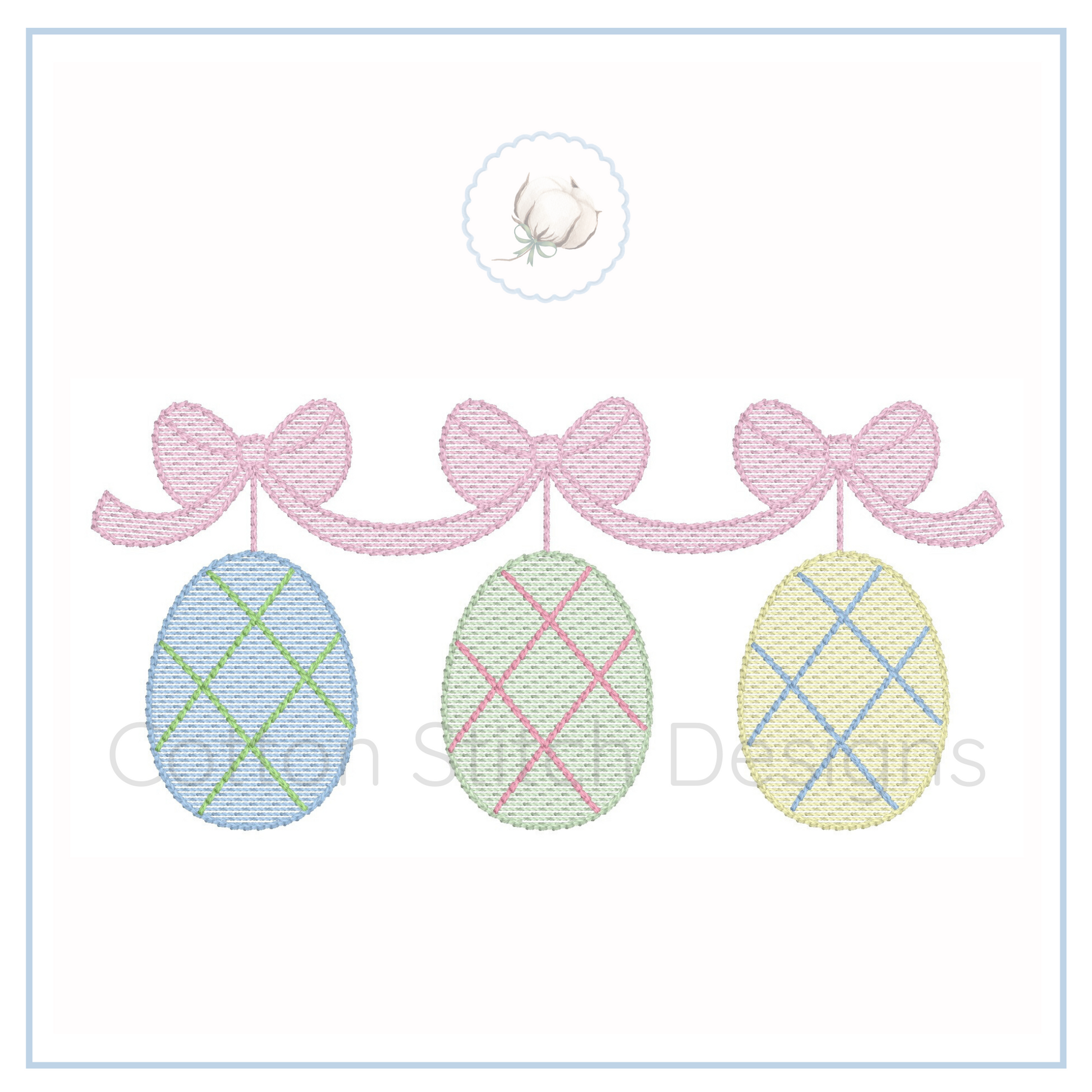 Machine Embroidery design Cotton Stitch Designs Embroidered design of three plaid Easter eggs with pink bows on a white background.