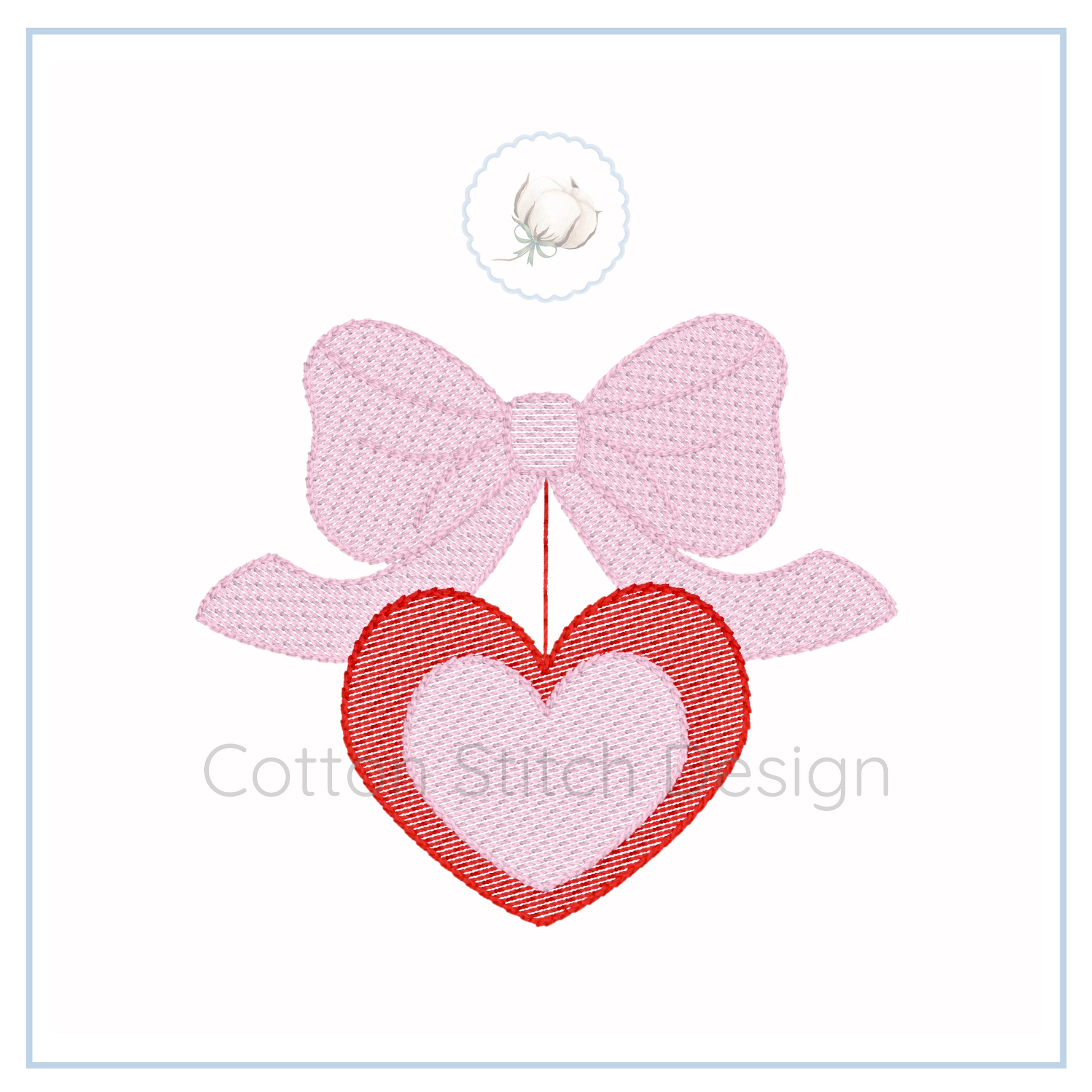 Machine Embroidery design Cotton Stitch Designs Embroidered design of a pink bow with a red heart on a white background, featuring the brand 'Cotton Stitch Design'.