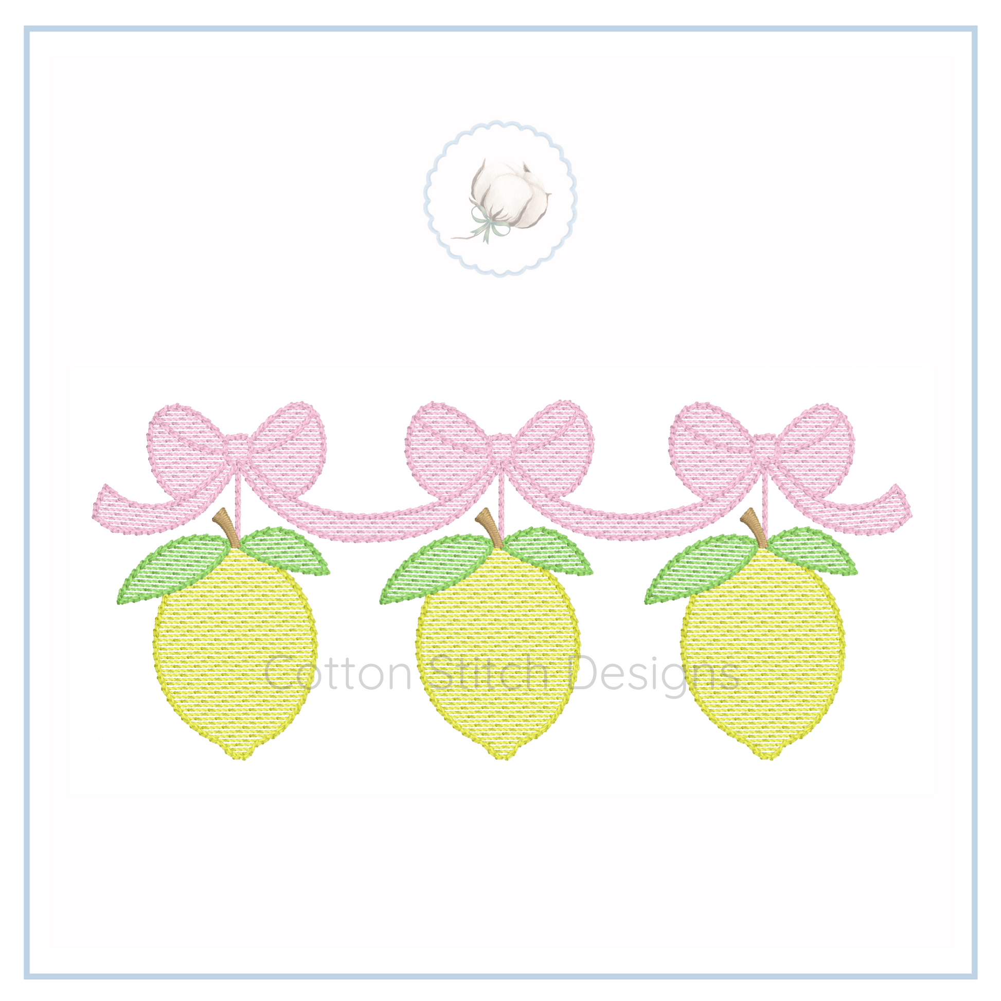 Machine Embroidery design Cotton Stitch Designs Embroidery design of three lemons with pink bows on a white background