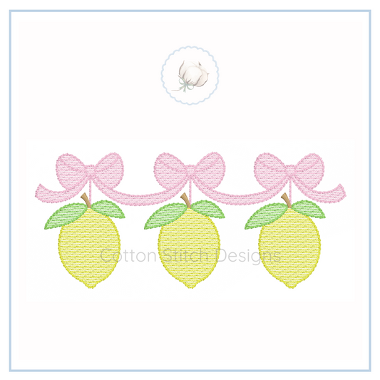 Machine Embroidery design Cotton Stitch Designs Embroidery design of three lemons with pink bows on a white background