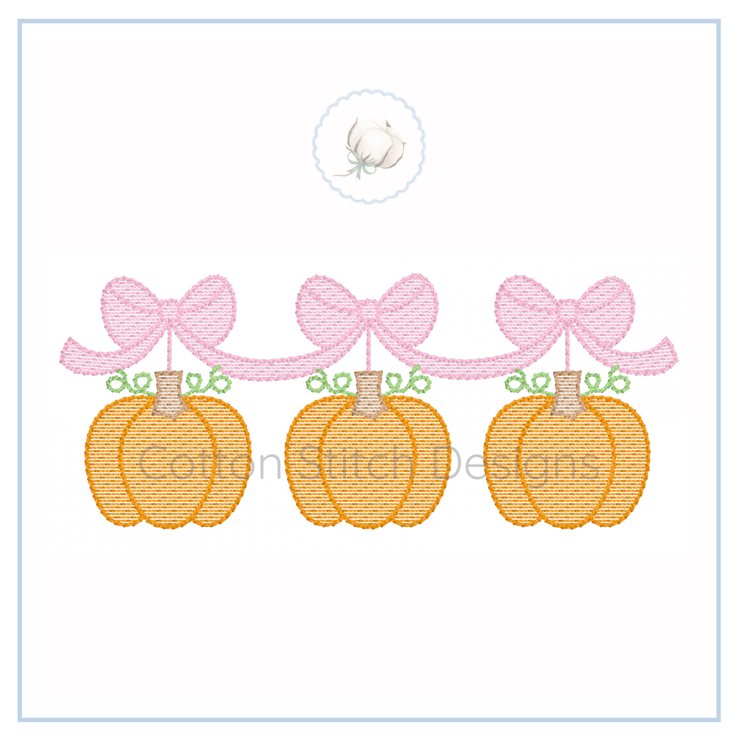 Machine Embroidery design Cotton Stitch Designs Embroidery design of three pumpkins with pink bows on a white background