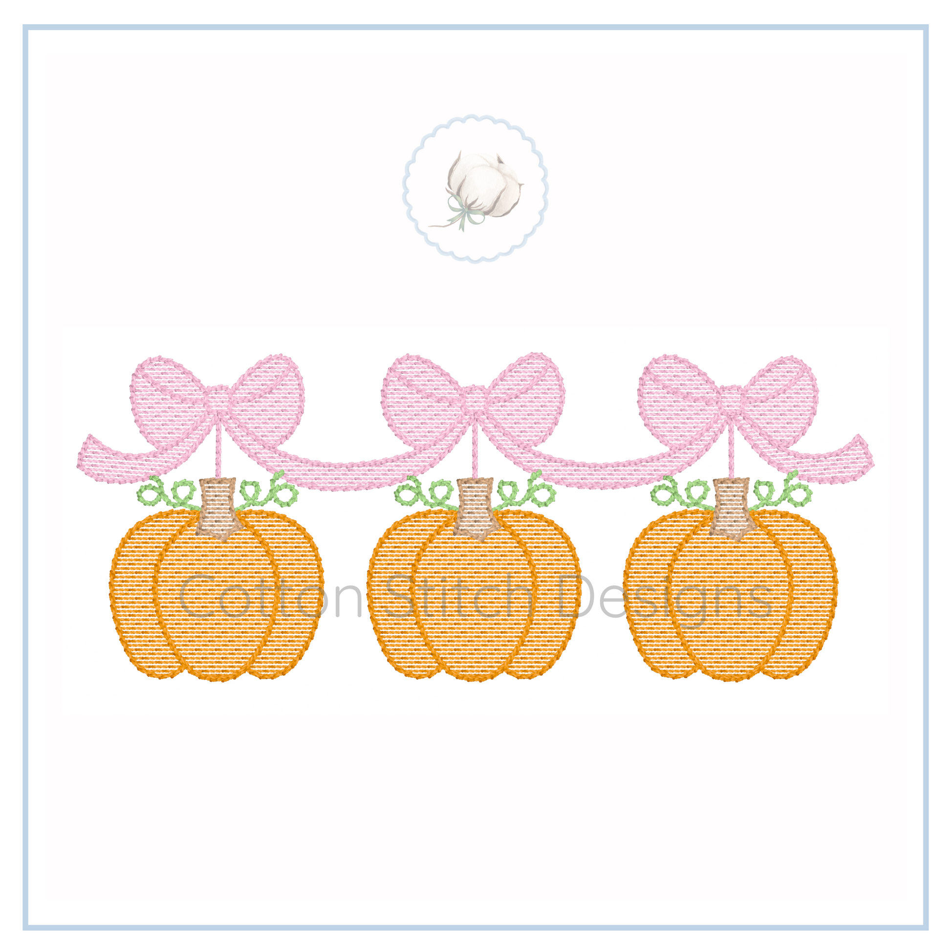 Machine Embroidery design Cotton Stitch Designs Embroidery design of three pumpkins with pink bows on a white background