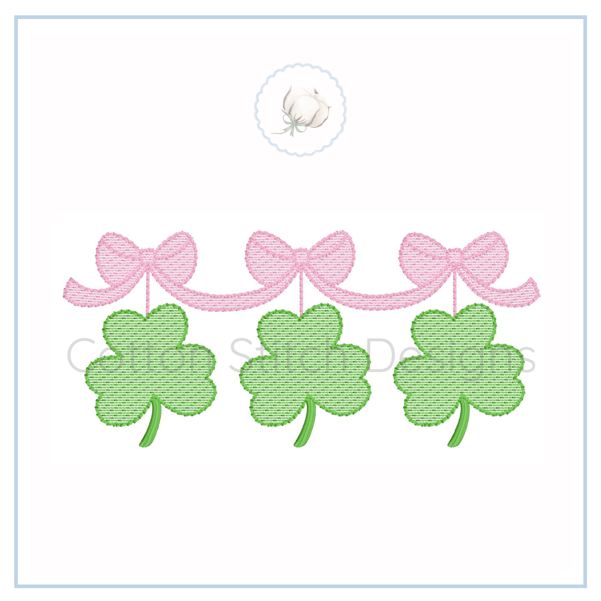 Machine Embroidery design Cotton Stitch Designs Three green shamrock leaves with pink bows on a white background