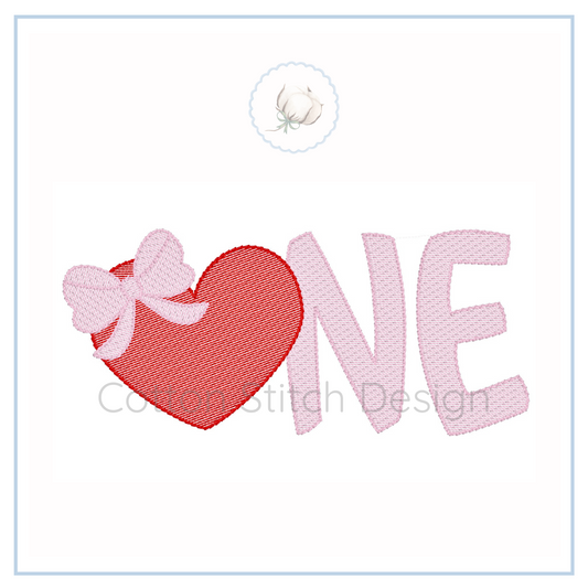 Machine Embroidery design Cotton Stitch Designs Embroidery design with a red heart and pink letters 'ONE' on a white background.