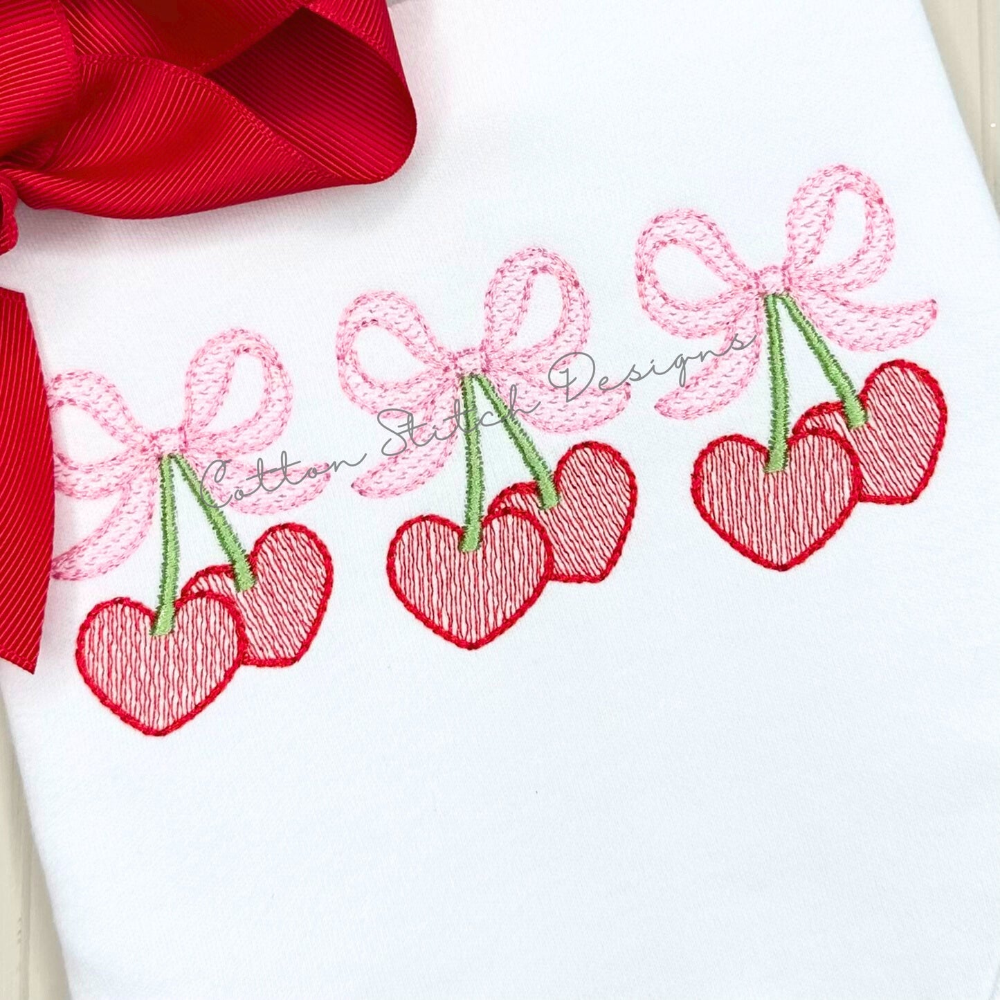 Heart Cherry Bow Trio Sketch Embroidery Design
