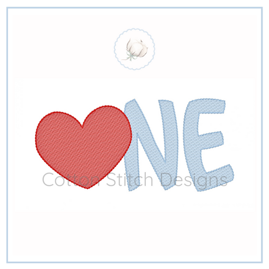 Machine Embroidery design Cotton Stitch Designs Embroidery design with a red heart and blue letters spelling 'ONE' on a white background.