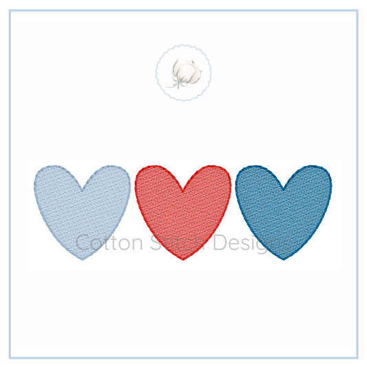 Machine Embroidery design Cotton Stitch Designs Three heart-shaped earrings in blue, red, and blue on a white card with 'Cotton Street Designs' branding.