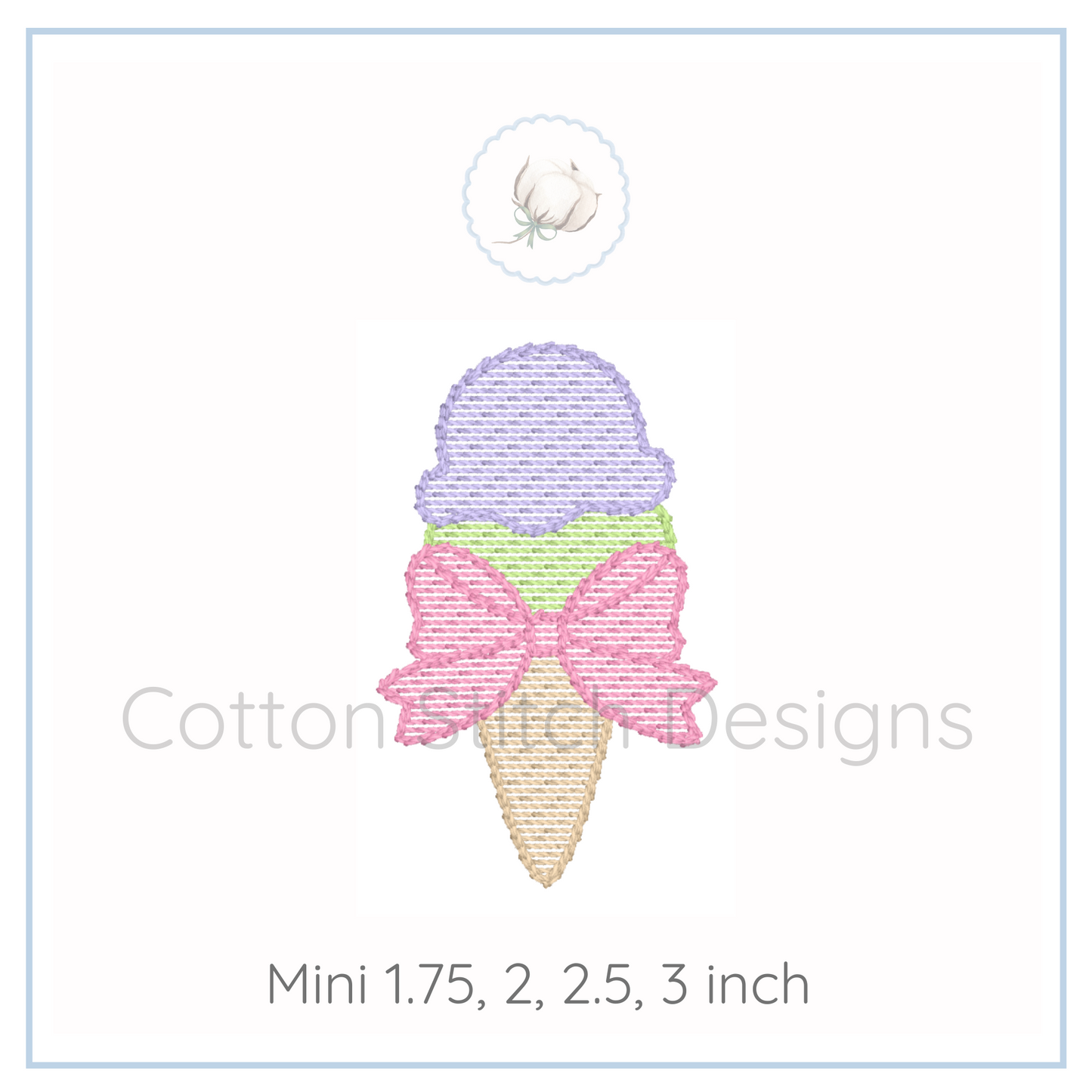 Machine Embroidery design Cotton Stitch Designs Ice cream cone with a bow design on a white background, featuring the brand 'Cotton Stitch Designs'.