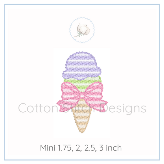 Machine Embroidery design Cotton Stitch Designs Ice cream cone with a bow design on a white background, featuring the brand 'Cotton Stitch Designs'.