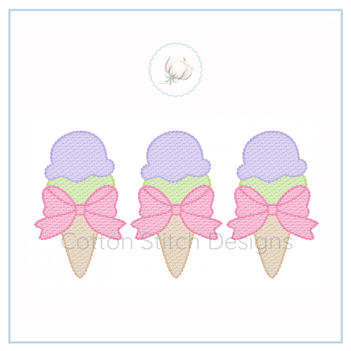 Machine Embroidery design Cotton Stitch Designs Three ice cream cone with bow designs on a white background