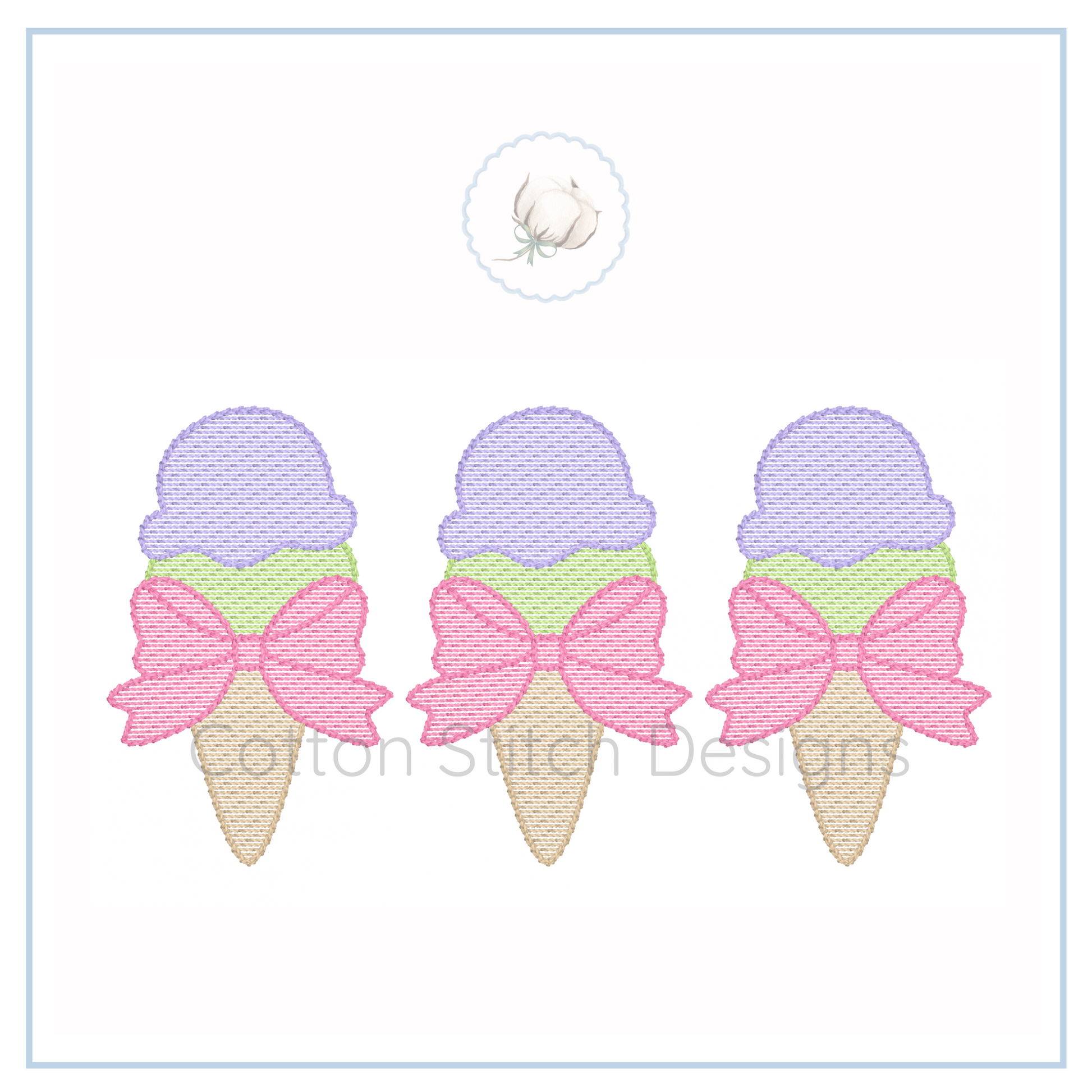 Machine Embroidery design Cotton Stitch Designs Three ice cream cone with bow designs on a white background