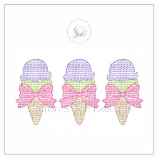 Machine Embroidery design Cotton Stitch Designs Three ice cream cone with bow designs on a white background