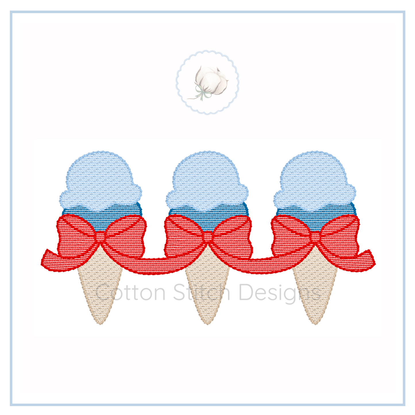 Machine Embroidery design Cotton Stitch Designs Three ice cream cones with red bows on a white background, featuring the Cotton Stitch Designs logo.