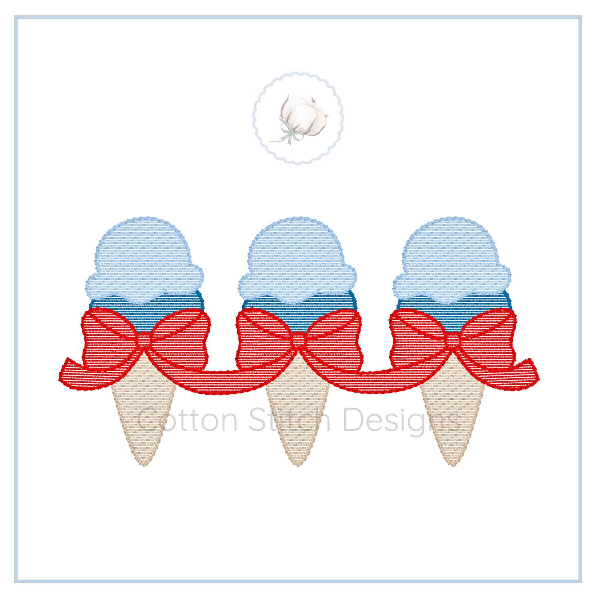 Machine Embroidery design Cotton Stitch Designs Three ice cream cones with red bows on a white background, featuring the Cotton Stitch Designs logo.