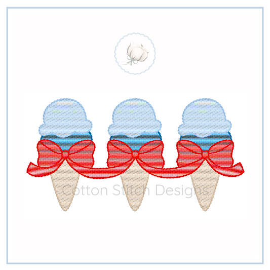 Machine Embroidery design Cotton Stitch Designs Three ice cream cones with red bows on a white background, featuring the Cotton Stitch Designs logo.
