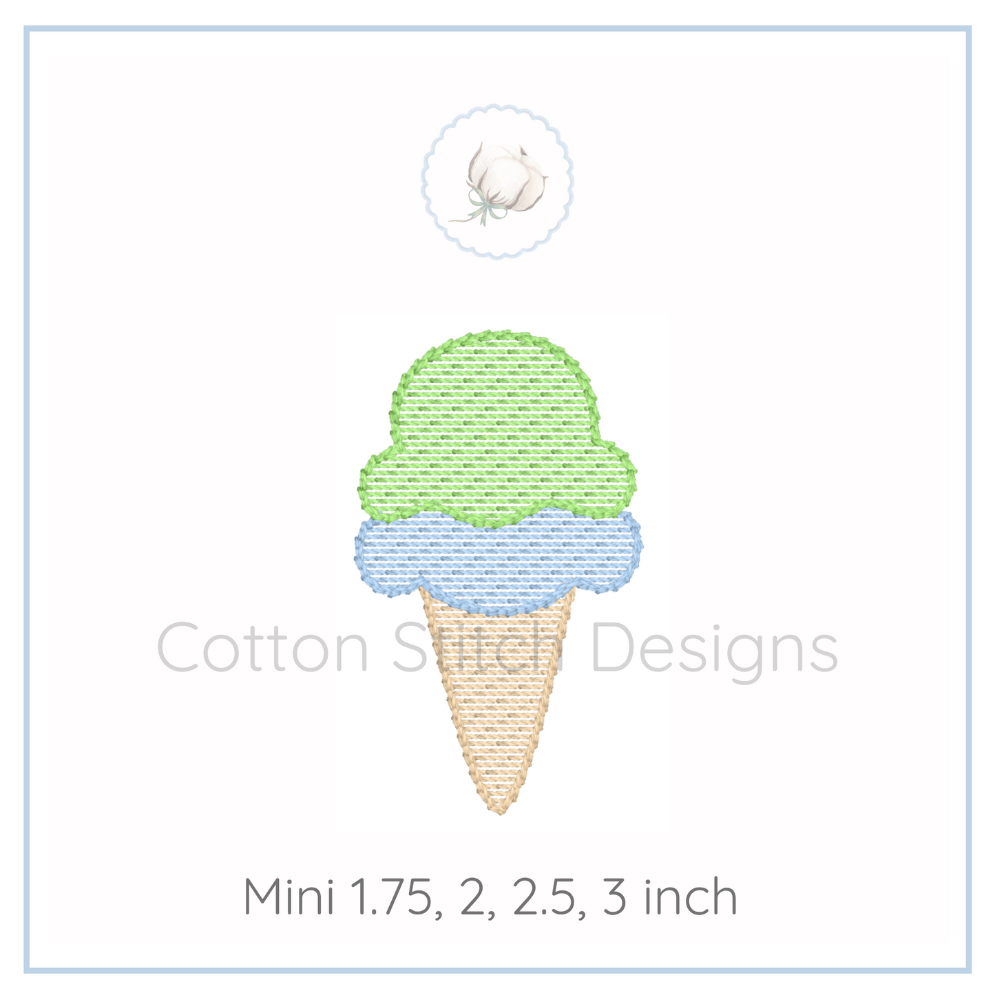 Machine Embroidery design Cotton Stitch Designs Ice cream cone design with text indicating size options on a white background