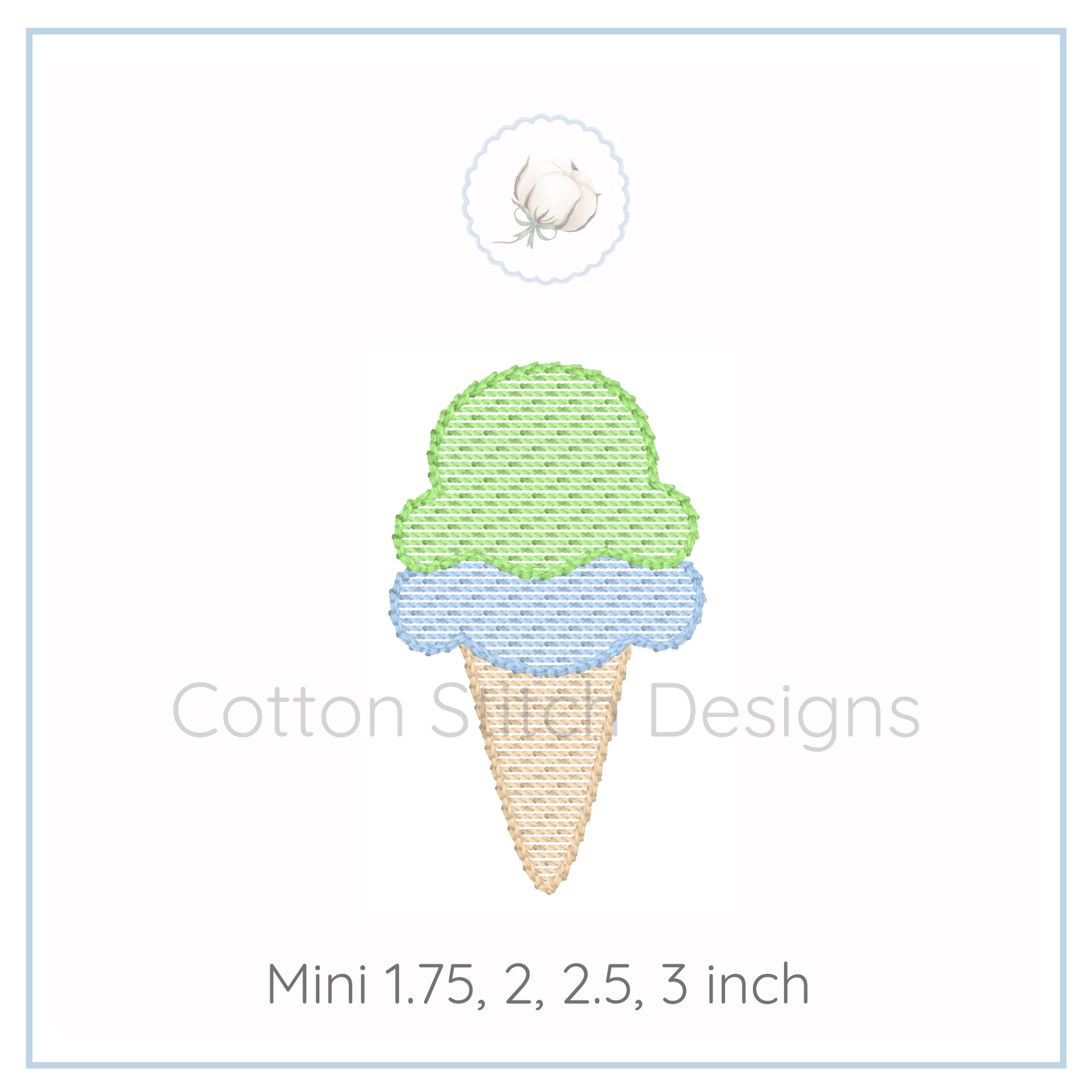 Machine Embroidery design Cotton Stitch Designs Ice cream cone design with text indicating size options on a white background