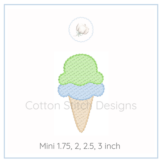 Machine Embroidery design Cotton Stitch Designs Ice cream cone design with text indicating size options on a white background