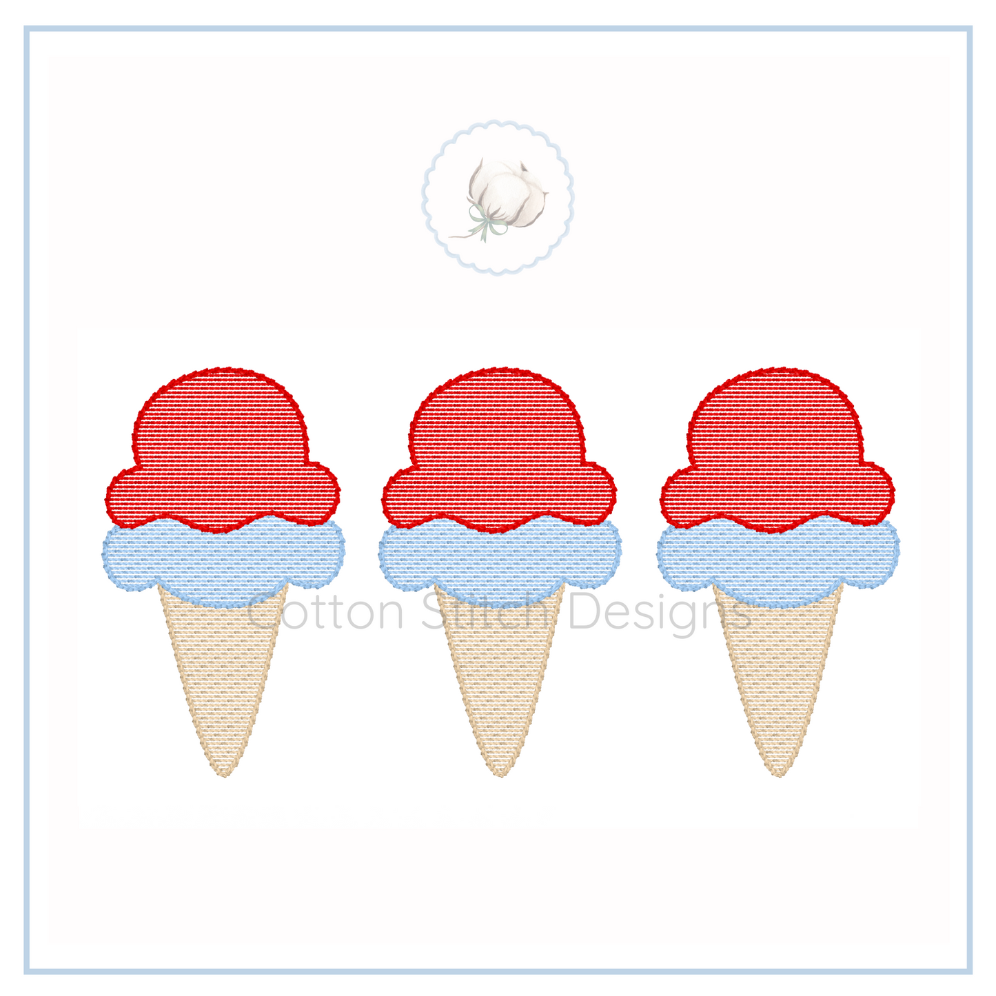 Machine Embroidery design Cotton Stitch Designs Three ice cream cone designs with red tops and blue bases on a white background.