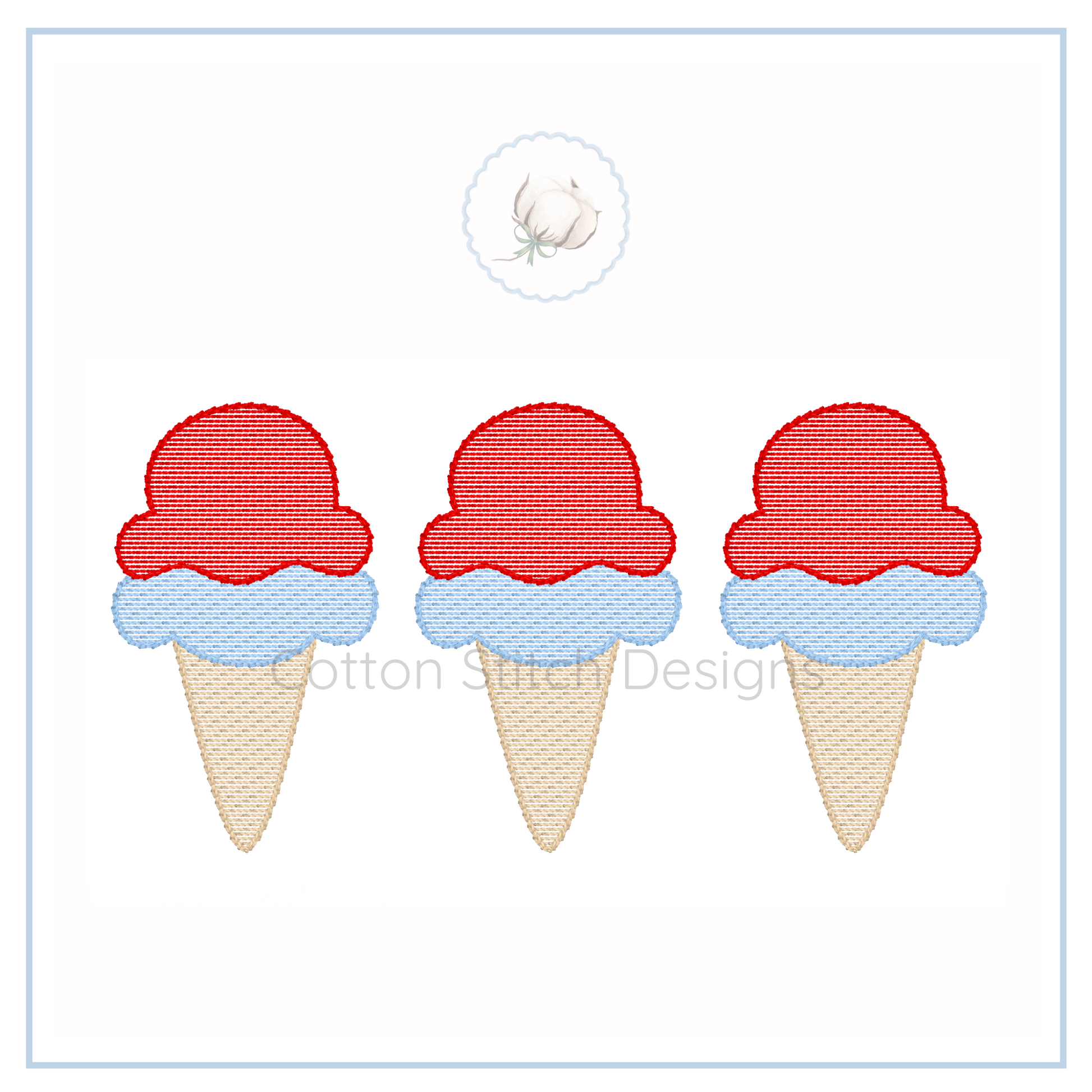 Machine Embroidery design Cotton Stitch Designs Three ice cream cone designs with red tops and blue bases on a white background.