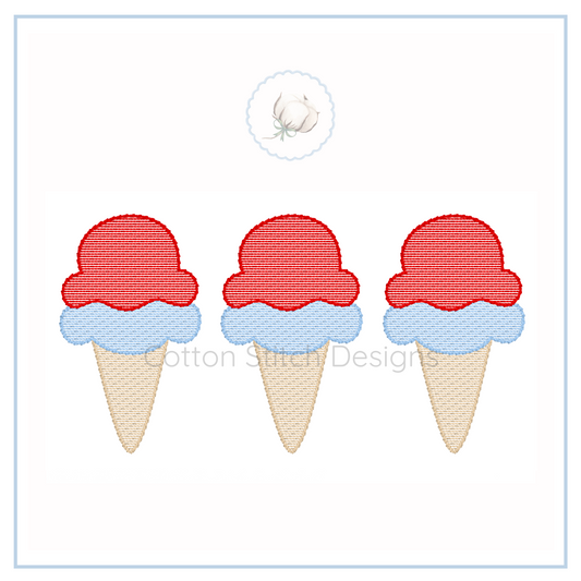 Machine Embroidery design Cotton Stitch Designs Three ice cream cone designs with red tops and blue bases on a white background.