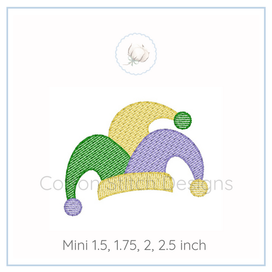 Machine Embroidery design Cotton Stitch Designs Three gnome hats in green, yellow, and purple with text indicating size options on a white background.
