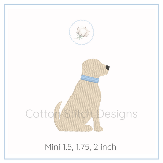 Machine Embroidery design Cotton Stitch Designs dog with a blue collar on a white background, featuring Cotton Stitch Designs branding.