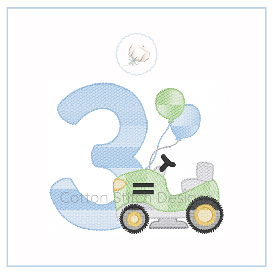 Machine Embroidery design Cotton Stitch Designs Embroidery design with number '3' and green tractor on a white background