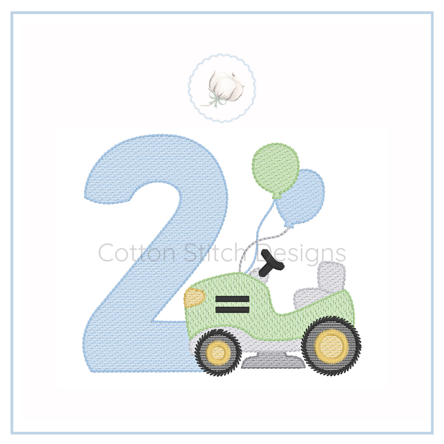 Machine Embroidery design Cotton Stitch Designs Embroidery design of a number '2' with a green tractor and balloons on a white background.