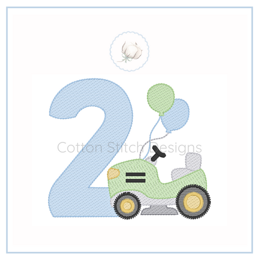 Machine Embroidery design Cotton Stitch Designs Embroidery design of a number '2' with a green tractor and balloons on a white background.