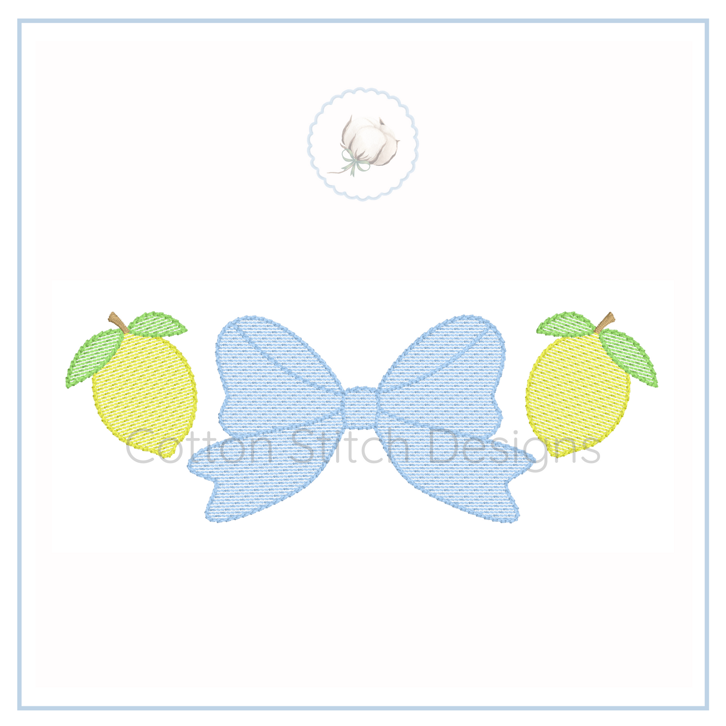 Machine Embroidery design Cotton Stitch Designs Embroidered design of a blue bow with green leaves on a white background, featuring the brand 'Cotton Stitch Designs'.