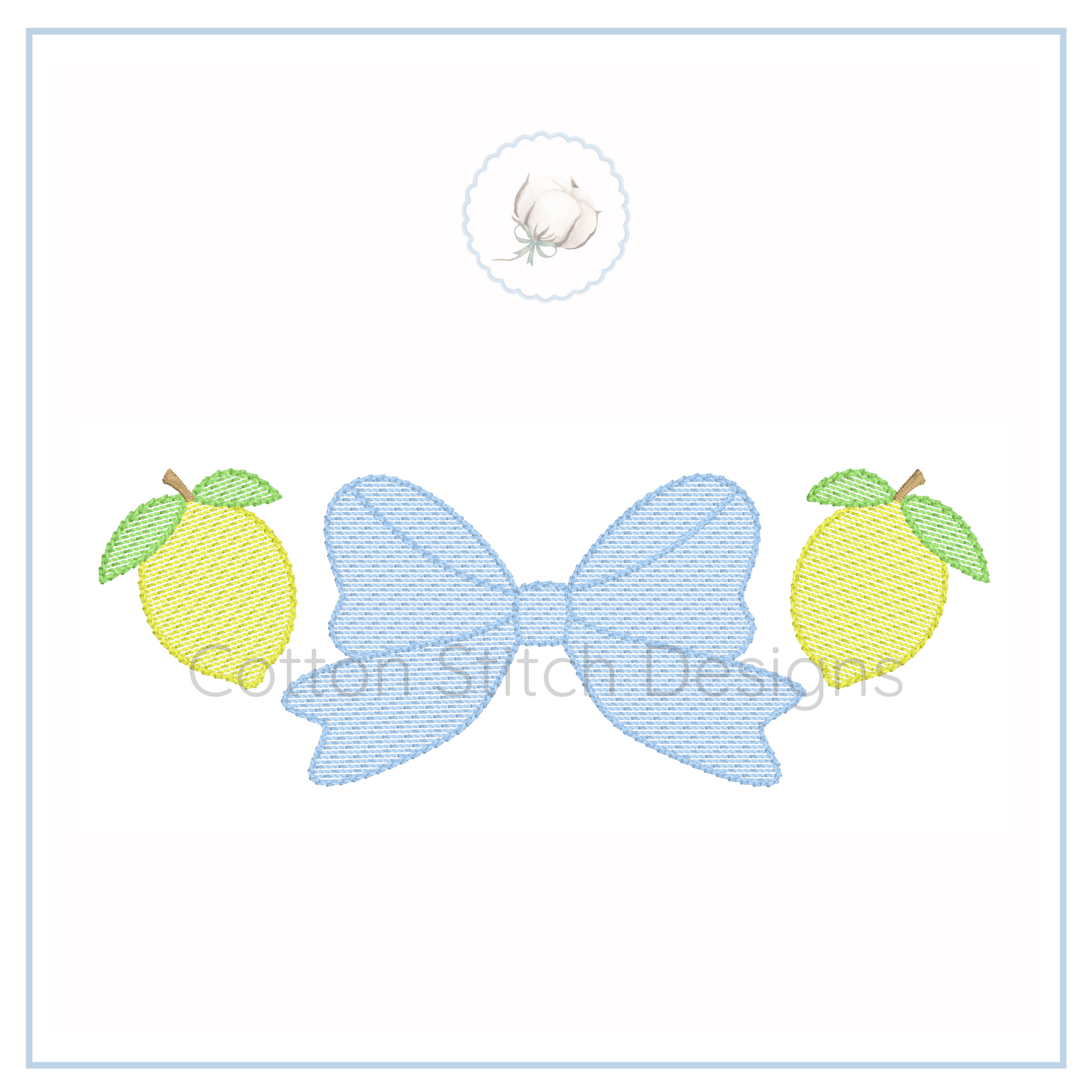 Machine Embroidery design Cotton Stitch Designs Embroidered design of a blue bow with green leaves on a white background, featuring the brand 'Cotton Stitch Designs'.