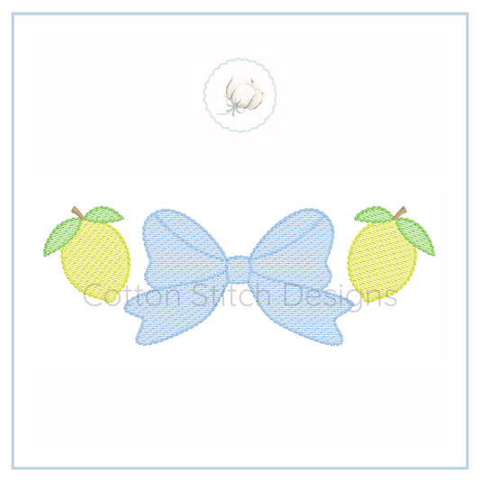 Machine Embroidery design Cotton Stitch Designs Embroidered design of a blue bow with green leaves on a white background, featuring the brand 'Cotton Stitch Designs'.