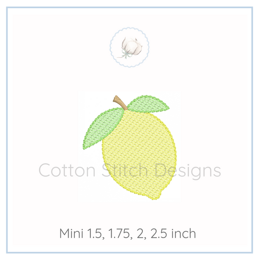 Machine Embroidery design Cotton Stitch Designs Embroidered lemon design with a stem and leaves on a white background, branded 'Cotton Stitch Designs'.